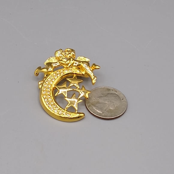 Cherub Crescent Moon Angel Brooch with Rhinestone Stars Valentine's Gift Vintage - Picture 14 of 15